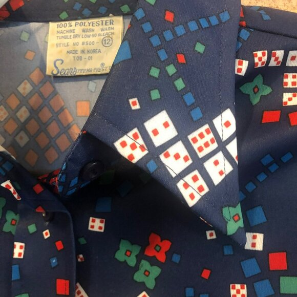 Sears Perma Press Vtg Womens Sz 12 Button Up Polyester Top Pointed Color Navy Di - Picture 5 of 9